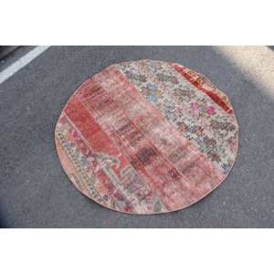 Alfombra turca Vintage roja de 4,2x4,2 pies, área grande, respaldo de látex de lana, patrón de retazos, comedor, alfombra ovalada ecológica mediana - Product Image 2