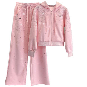 Wholesale <b>Pink</b> Allover Rhinestone Breathable Tracksuit Oversize Hoodie Flared Sweatpants Two Piece Set Custom Manufacturer OEM - Product Image 1