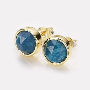 <b>925</b> Sterling <b>Silver</b> Apatite Round Bezel Stud <b>Earrings</b> - Blue Gemstone Solitaire Minimalist Birthstone Studs Jewelry 2026 - Product Image 1
