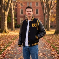 Blouson universitaire personnalisé pour homme, brodé, en mélange de laine, manches en cuir, coupe-vent, hiver, décontracté, col montant, motif uni