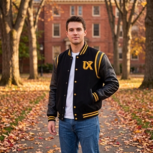Blouson universitaire personnalisé pour homme, brodé, en mélange de laine, manches en cuir, coupe-vent, hiver, décontracté, col montant, motif uni - Product Image 5