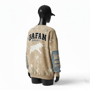 Sweat-shirt pour femme en coton lourd et polaire polyester, beige, lavage à la peinture, manches à panneaux, logo imprimé, sweat-shirts respirants pour femme - Product Image 5