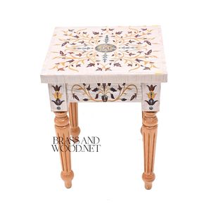 Table de service classique artisanale avec incrustation florale décorative et pieds en bois naturel pour une décoration élégante de la maison et du salon - Product Image 1