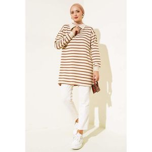 Túnica larga a rayas con cremallera, Cuello de camisa, gasa marrón transpirable, tejido de algodón, talla libre de poliéster, talla única para primavera - Product Image 1