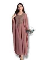 AWAIS HOUSE Robe longue de soirée élégante et modeste pour femme, coupe trapèze, en mousseline 100% polyester, col en V, ornée de perles, style kaftan simple