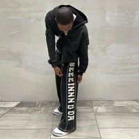 Ensemble de survêtement streetwear respirant pour homme, avec patchwork vieilli, broderie appliquée et effet délavé à l'acide, comprenant un pantalon de survêtement et un sweat à capuche, Taille Plus