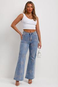 Custom Own Branded Rhinestone Printed Design Vintage Summer Flat Light Wash Straight Denim <b>Jeans</b> Pants for <b>Women</b> 100% Cotton - Product Image 5