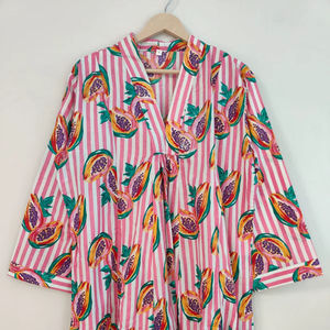 Vestido de algodón con estampado de frutas y rayas rosas |   Vestido de Fiesta Largo de Verano, Ligero y Transpirable, con Mangas Largas |   Vestido Elegante - Product Image 1