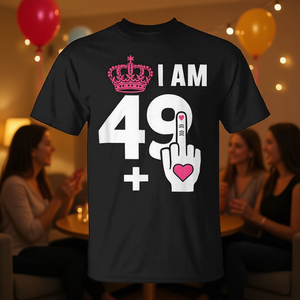 T-shirt Promozionale Personalizzabile per il 49° Compleanno con Design '49 Plus 1 Dito Medio' per Chi Ha Oltre 49 Anni - Product Image 3