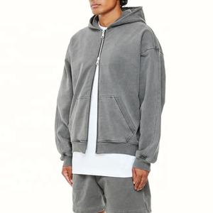 Fábrica de ropa para hombres personalizada de algodón de peso pesado francés Terry Vintage lavado liso de dos vías cremallera Zipup sudaderas con capucha - Product Image 2