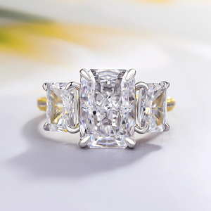 7x10 mm Radiant Cut Moissanite Three <b>Stone</b> <b>Ring</b> <b>Two</b> Tone 925 Silver Yellow Gold Plated Modern Bridal Engagement Fine Jewelry - Product Image 1