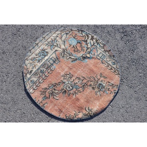 3.1x3.1 ft Rug, Vintage Turkish Rug, <b>Brown</b> Blue Animal Print <b>Wool</b> Rug - Product Image 4