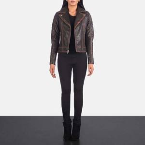 Chaqueta de piel de oveja auténtica con cremallera acolchada Vintage marrón para mujer chaqueta de cuero de motorista con diseño personalizado chaqueta de moda para la venta - Product Image 6