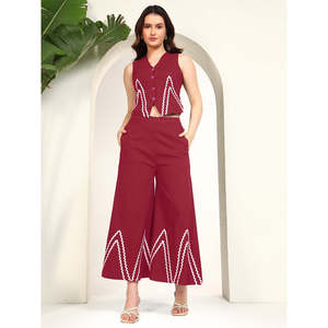 Conjunto de 2 piezas de rayón color granate para mujer de Deebaco, chaleco geométrico sin mangas con cuello en V, pantalón hasta el tobillo, conjunto formal de verano - Product Image 6