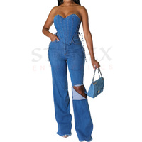 Ensemble 2 pièces tendance en jean bleu délavé respirant pour adolescentes, style urbain, en denim de coton, pour femme