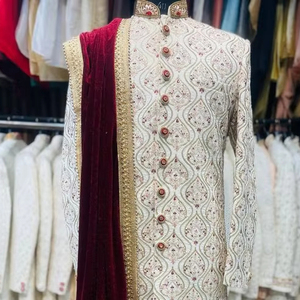 LATEST & BEAUTIFUL EMBROIDERY on GROOM SHERWANI,<b>PANT</b> WITH STOLE WITH EMBELLISHED CRYSTAL GLASS BEADS,DABKA WORK for WEDDING=2024 - Product Image 1