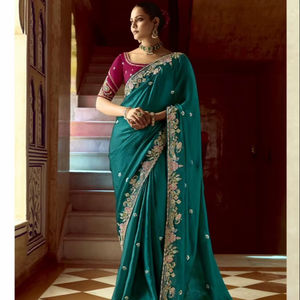 Tissu de dentelle contrastée brodé à la main en soie pure extensible et écologique exclusivement conçu pour tous les groupes ethniques - Product Image 1