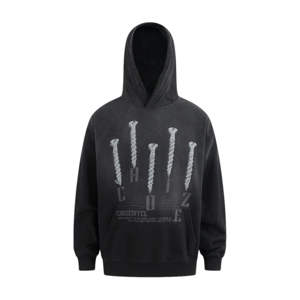 Sudadera con capucha para hombre, personalizada, oversize, sin cordones, con logo bordado, aplique de borde cortado, bajo sin rematar, lavado ácido, con pelo sintético - Product Image 1