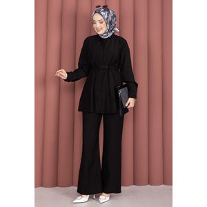 Conjunto de Dos Piezas de Pantalones y Túnica Casual de Otoño con Cinturón, Top Largo de Punto Acanalado Negro, Corte Ajustado, Talla XL, Estilo Diario, Nueva Llegada - Product Image 3