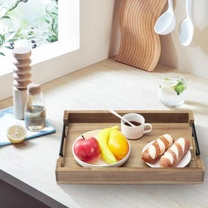 Plateau de rangement et de service en bois, très vendu, avec poignées en métal noir, grande taille, finition lisse, pour le petit-déjeuner, la salle à manger et la cuisine - Product Image 2
