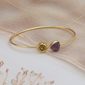 Dua Purple Amethyst 18K Gold Plated Adjustable Cuff Bracelet | Handmade Brass Women | Wedding <b>Statement</b> Third Party Certified - Product Image 2