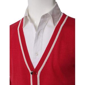 Pull en tricot à col en V boutonné unisexe de couleur rouge classique de haute qualité, doux et chaud, à manches longues, uniforme - Product Image 3