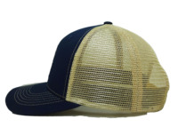 Gorras Trucker de 6 Paneles con Visera Precurvada, Color Azul Marino/Marrón, Modelo 112, Malla y Lona, con Parche Tejido, Personalizadas, de Alto Rendimiento, King Ranch Vietnam