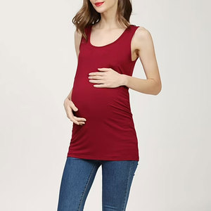 Mujeres maternidad Tank Tops sin mangas Color sólido cuello redondo transpirable 100% algodón lado fruncido Bodycon vestido uso diario bebé - Product Image 1