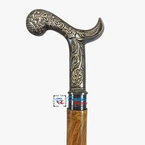 Tanishka Exports Adjustable Brown Wooden Walking <b>Stick</b> for Men Women Handcrafted Carved Flat Shaft Engraved Brass Handle 550gm - Product Image 1