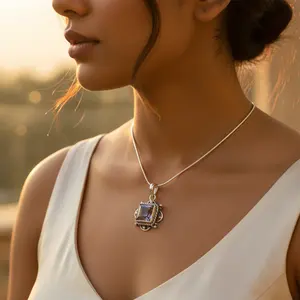 จี้ห้อยคอทำมือประดับอเมทิสต์สีโรสโกลด์สำหรับผู้หญิง-เครื่องประดับควอตซ์เงินแท้ 925 ของขวัญ - Product Image 3