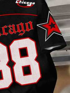 T-shirts pour hommes Black Chicago 88 Star Sleeve, streetwear, surdimensionnés, style hip-hop, avec logo brodé 3D personnalisé - Product Image 3