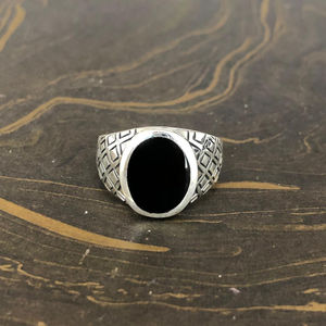 Designer 14k Fine Jewelry Statement Men's <b>Ring</b> Geometric Pattern Signet Black Onyx <b>Garnet</b> Main Stone 10.1 Grams Everyday Wear - Product Image 1
