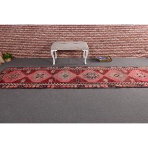 Alfombra Turca Vintage de Lana Roja Herki, 2.9x11.9 pies - Product Image 3