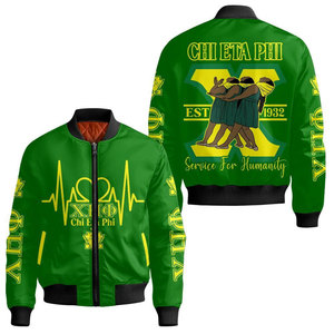 Blouson bomber noir pour homme Chi Eta Phi, imprimé numériquement, fermeture éclair sur le devant, coupe-vent décontracté avec logo vert et numéro 32 - Product Image 4