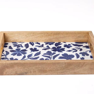 Plateau de service en bois bleu Art Déco à motif floral, idéal pour les occasions de mariage, multifonctionnel - Product Image 1