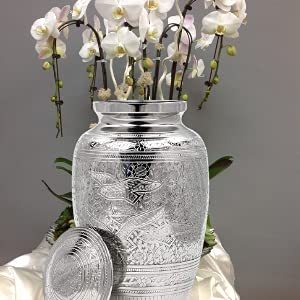 26cm Silver Engraved Aluminium Cremation Urn Elegant Metal <b>Vase</b> Burial High Large Tabletop <b>Memorial</b> Container with Velvet Bag - Product Image 1