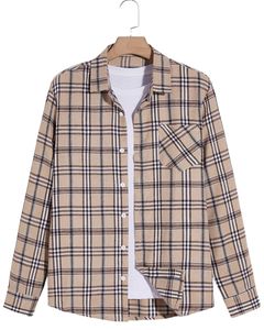 Camisa de Franela a Cuadros Beige Marrón para Hombre, Personalizada por el Fabricante, con Botones, Manga Larga, Informal, de Invierno, con Tela Suave y Cálida - Product Image 1