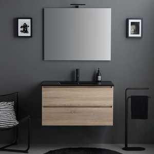 Mueble de Baño de 90 cm con 2 Cajones de Roble, Lavabo Negro, Espejo de 90x70 y Lámpara Belize, Conjunto de Baño Elegante - Product Image 2