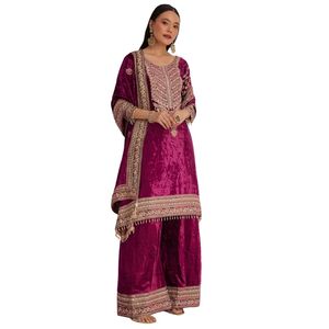 Vestito Palazzo ricamato in velluto rosa Magenta all'ingrosso abbigliamento etnico da donna OEM fornitore di abbigliamento personalizzato per feste - Product Image 1
