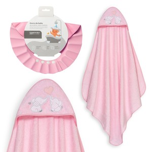 Toalla de Baño 1X1 MT con Gorro de Elefante Mod Parejita Rosa, Artículos de Baño para Bebés - Product Image 1