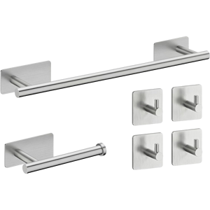 6-Piece Polished Brushed 304 Stainless Steel Adhesive <b>Bathroom</b> <b>Accessories</b> Set 40cm Towel Holder Toilet Paper Holder 4 Hooks - Product Image 1