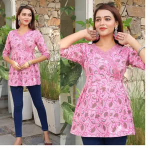 Custom made cotton cambric fabric flared tops in V neck with border & drawstring attached for fit in big floral pink colourr