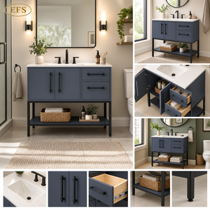 Meuble de salle de bain moderne en bois massif écologique avec miroir encadré finition acier bleu pour usage hôtelier - Product Image 4
