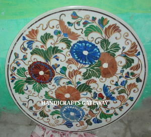 Most Popular Production Handmade <b>White</b> <b>Marble</b> <b>Round</b> Shape Inlay Work Most Beautiful <b>Table</b> Top for Attractive Design <b>Table</b> Top - Product Image 1