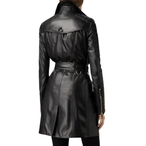 Women's Vintage Waterproof Faux Leather Trench Coat with Shearling Cotton Fill Print Decoration-Black Long Coat - Product Image 1