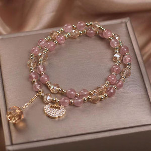 Luxury Handmade Natura 8mm <b>Beads</b> <b>Bracelet</b> Rutile Quartz Pink Chalcedony With Bezel Set For Fashion Jewelry With Birthday Gift - Product Image 6
