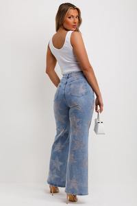 Custom Own Branded Rhinestone Printed Design Vintage Summer Flat Light Wash Straight Denim <b>Jeans</b> Pants for <b>Women</b> 100% Cotton - Product Image 6