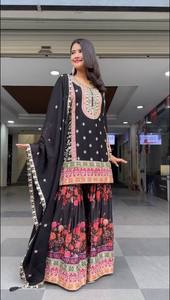 Par de Sharara Negro estilo Bollywood con bordado Impresión digital Faux Far Fabric para ropa de fiesta de Damas Indias pakistaníes - Product Image 3