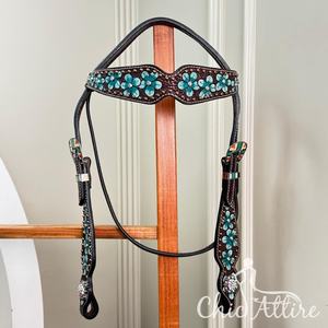 Bride occidentale de serre-tête de cheval en cuir taillé à la main avec des accents de cristal turquoise pour Rodeo Trail & Barrel Racing Tack - Product Image 1