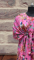 Robe Kaftan Rose en Coton à Imprimé Oiseaux, Col en V, Longueur Totale, Taille à Cordon, Manches Courtes, Tenue de Plage Festive d'Été pour Femme